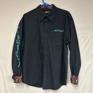Ed Hardy Button Up Long Sleeve Shirt Spellout Tattoo Mens Approx M/L Black Y2K